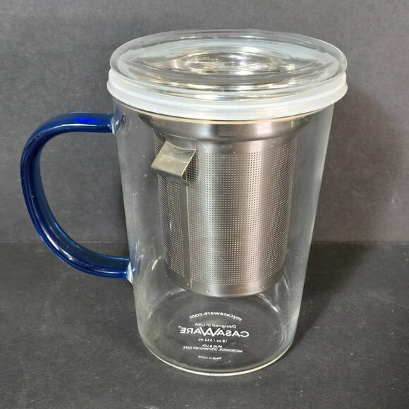 CasaWare Borosilicate Glass Tea Infuser Mug w Glass Lid & Blue Handle - Picture 3 of 10